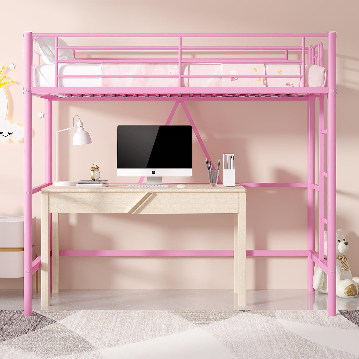 VECELO Metal Loft Bed Twin Size, Heavy Duty Bedframe with Removable Ladder and Safety Guardrail, Space-Saving, Noise Free, No Box Spring Needed, Pink VECELO