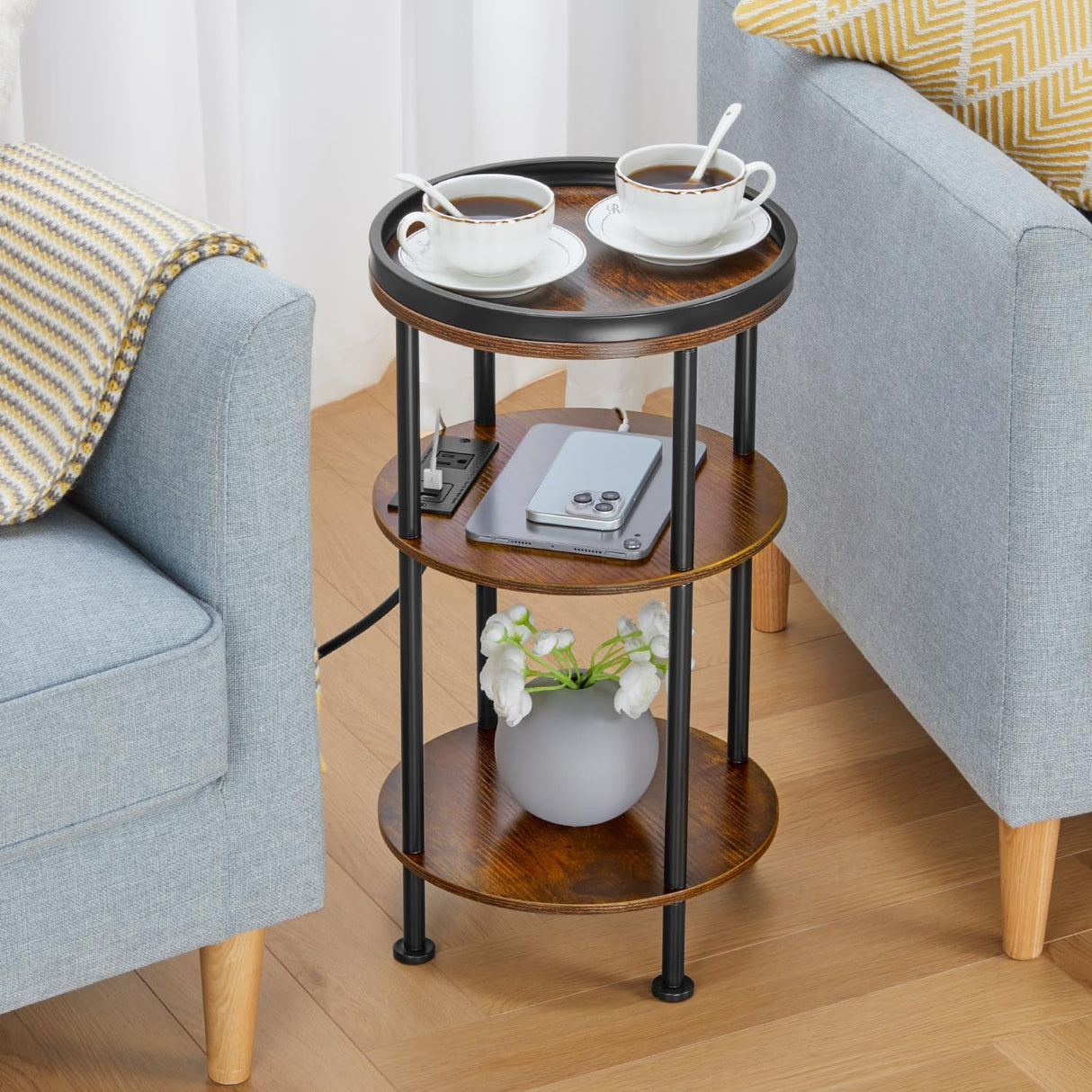 Small Round Side Table with Charging Station for Small Spaces, 3-Tier Round Accent Table with USB Ports & Power Outlets, Round Corner Table Tea Sofa Side Table for Living Room Bedroom (Rustic Brown) ZEXVIDA