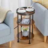 Small Round Side Table with Charging Station for Small Spaces, 3-Tier Round Accent Table with USB Ports & Power Outlets, Round Corner Table Tea Sofa Side Table for Living Room Bedroom (Rustic Brown) ZEXVIDA