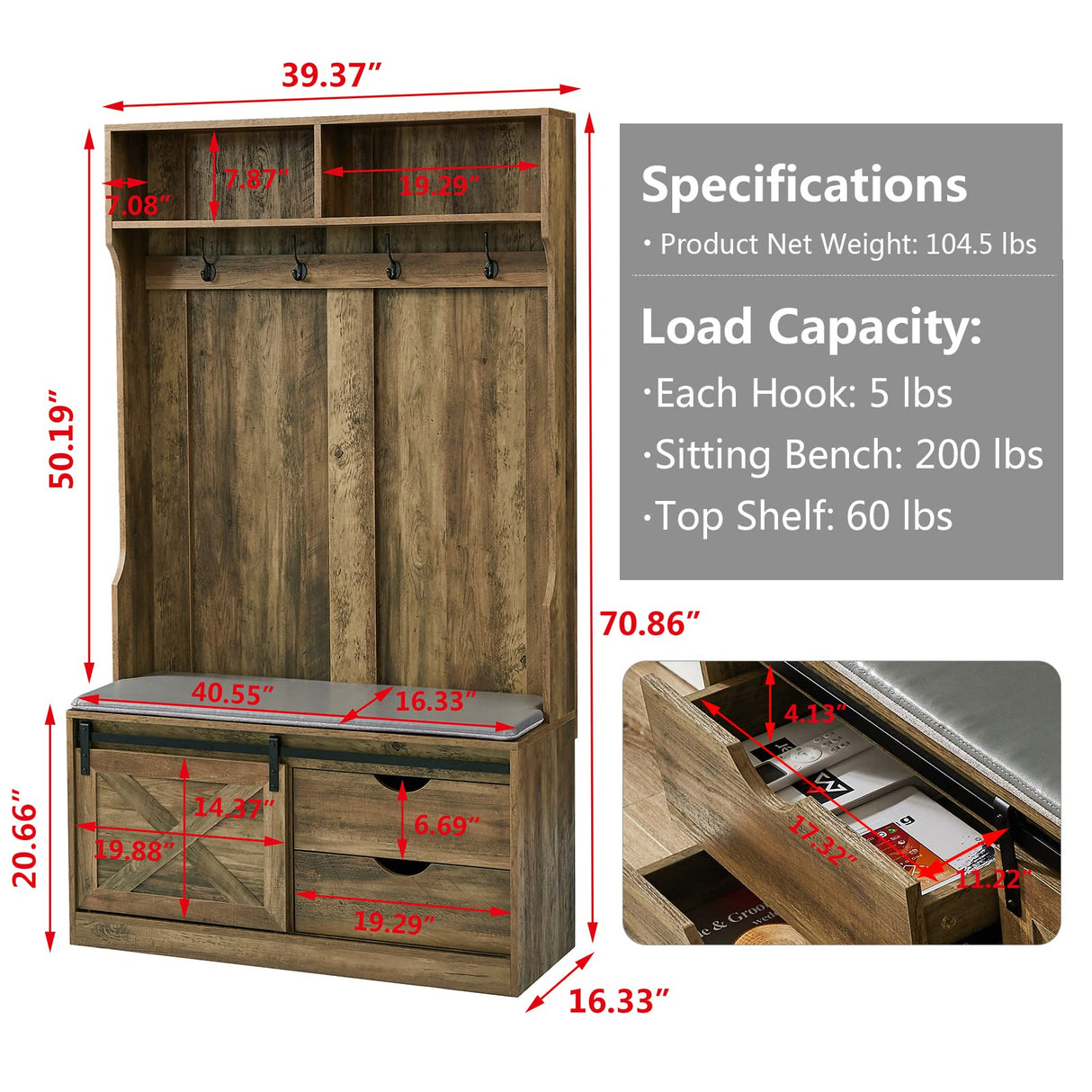 Betoko 71 Inch Entryway Bench with Sliding Barn Door, Farmhouse Hall Tree with Coat Rack and Storage Bench, Wood Coat Tree with Cushioned Stool and Hooks for Hallway, Living Room, Mudroom (Oak) Betoko