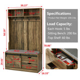 Betoko 71 Inch Entryway Bench with Sliding Barn Door, Farmhouse Hall Tree with Coat Rack and Storage Bench, Wood Coat Tree with Cushioned Stool and Hooks for Hallway, Living Room, Mudroom (Oak) Betoko