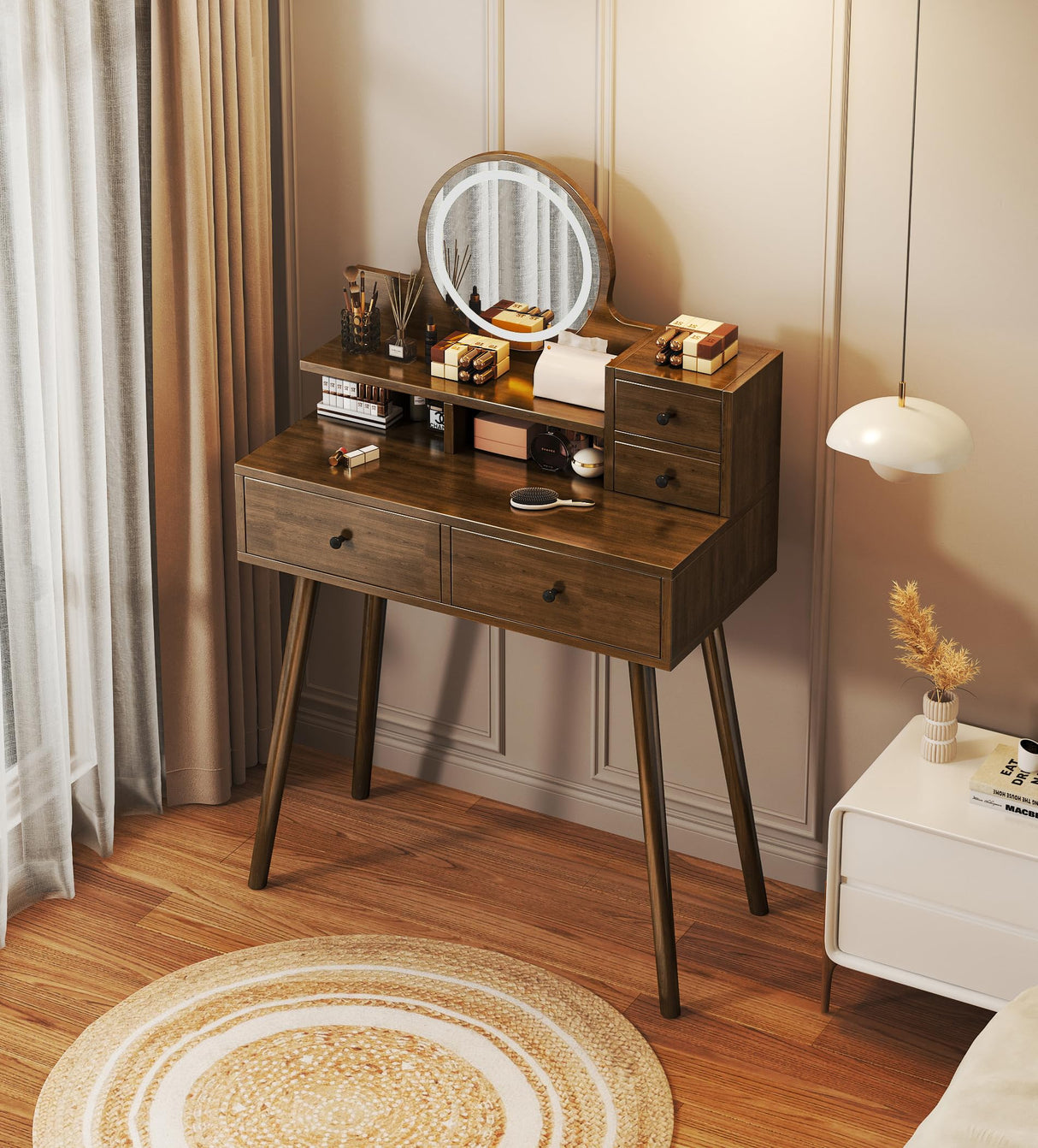 walkclpck Vanity Desk with Mirror and Lights, Makeup Vanity with 4 Drawers Small Vanity with 3 Storage Shelves, Wood Vanity for Bedroom Dressing Room Makeup Studio, Brown walkclpck