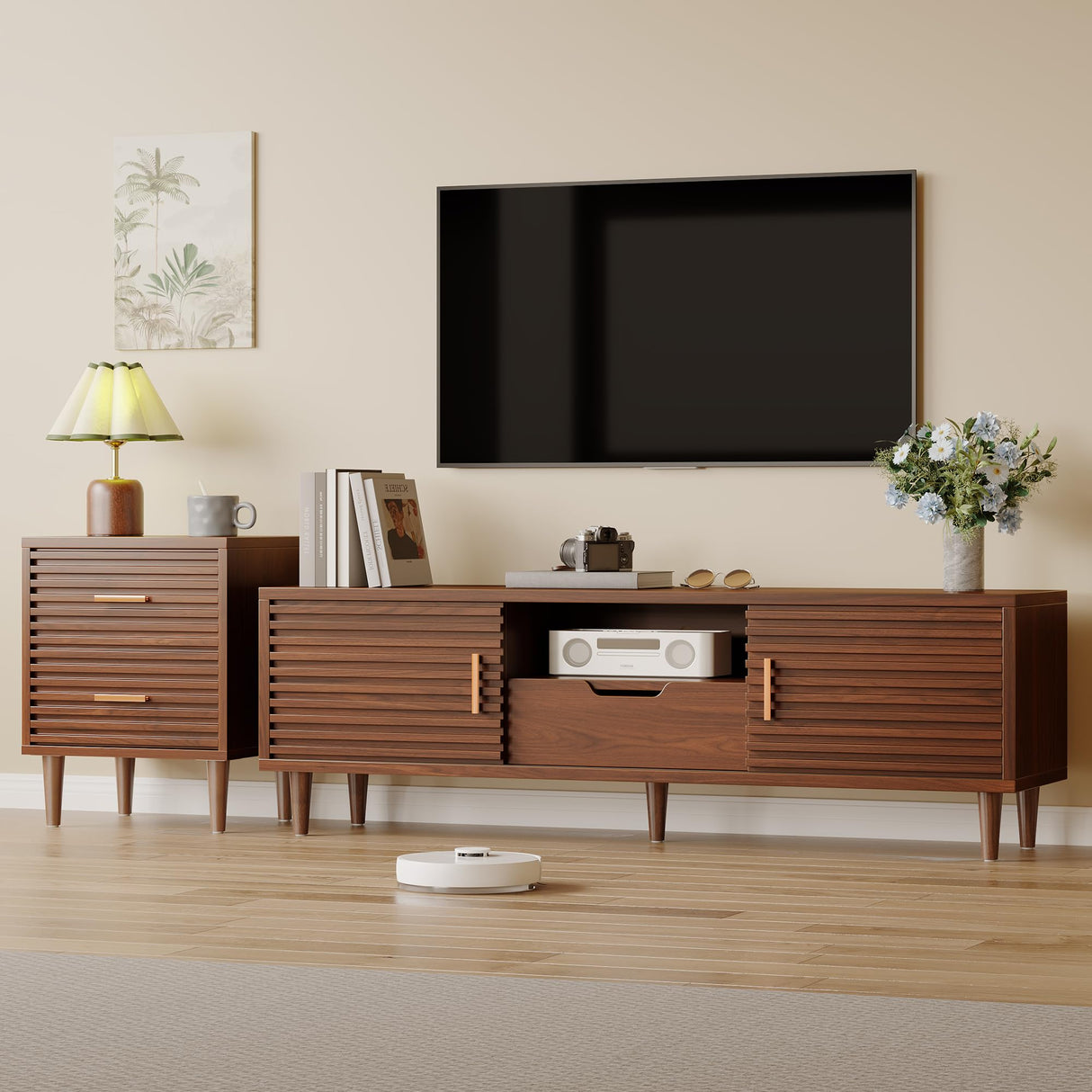 Syvella Mid Century Modern TV Stand for 55/60/65 inch TV, Farmhouse TV Stand, Fluted Entertainment Center with Storage, TV and Media Consol for Living Room (Dark Brown, 59") Syvella