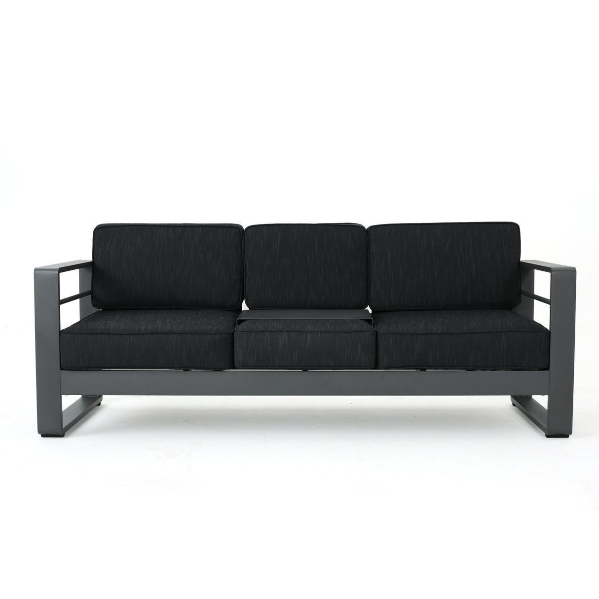 Christopher Knight Home Capecora 3-Seater Sofa with Removable Tray Table, 76.25''W Convertible Aluminum Patio Couch with Cushions, Space-Saving Outdoor Seating for Garden Backyard Balcony, Dark Gray Christopher Knight Home