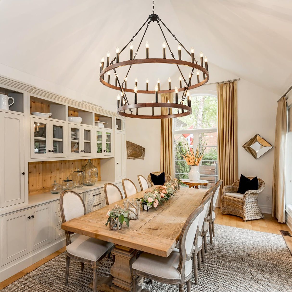 HHR 48" Wood-Grain Surface Double Tier Wagon Wheel Chandelier, 36-Light Round Farmhouse Pendant Light Fixture, Rustic Hanging Lighting for Dining Room Living Room Office(Not Solid Wood) HHR