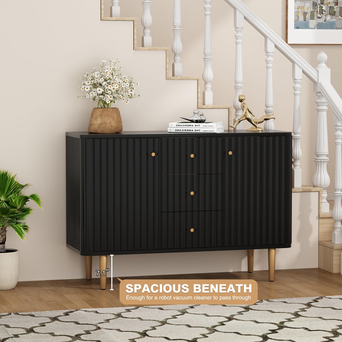 ARTPOWER Black Sideboard Buffet Cabinet with Drawers, 48" Fluted Accent Cabinet, Modern Credenza Storage Cabinet Console Table with Drawers for Entryway, Living Room, Dining Room - WoodArtSupply