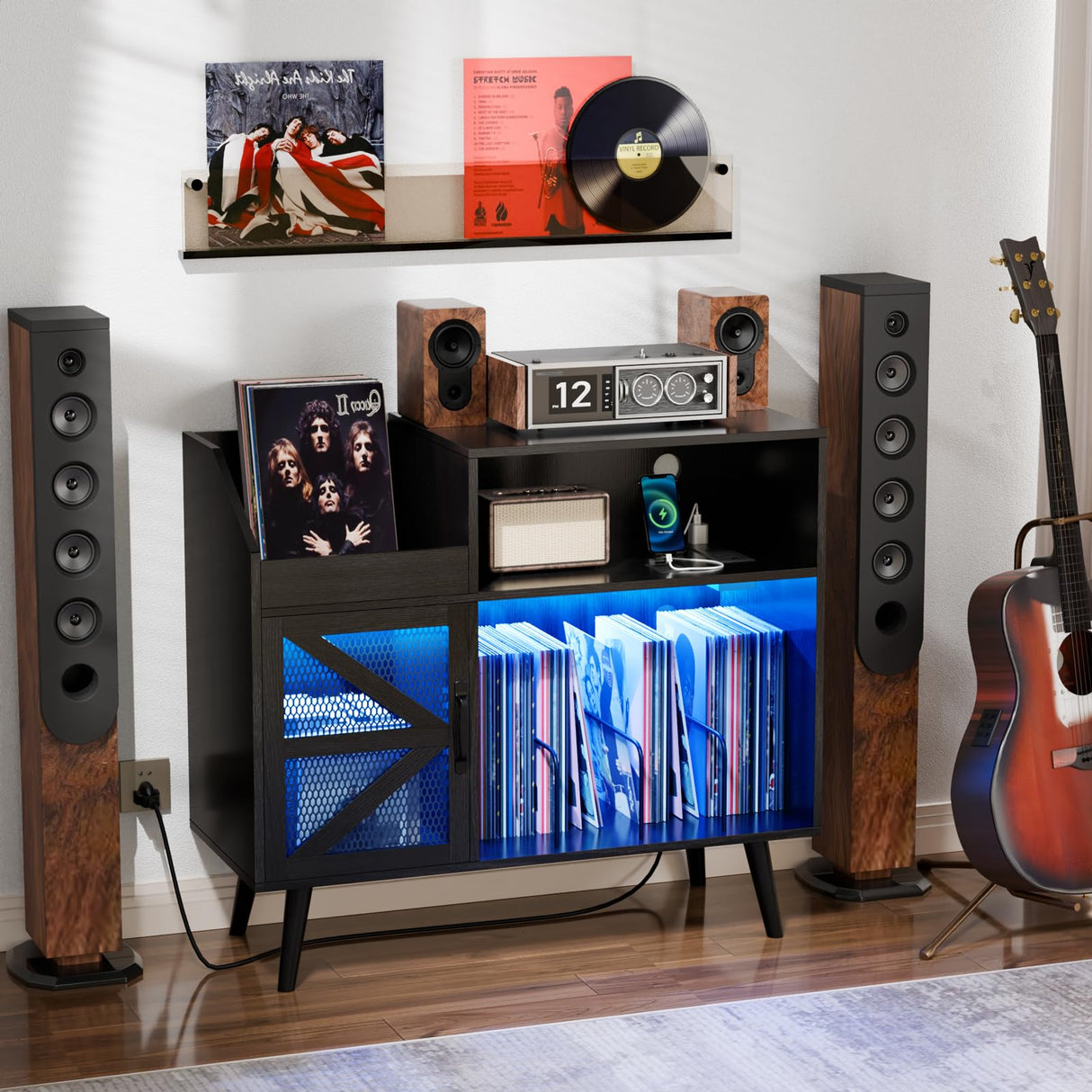 MULEJYBO Large Black Record Player Stand with Magnetic Door,350 Vinyl Record Storage Cabinet, Record Player Table with Power Outlet & LED Light,Turntable Stand with Wood Legs for Living Room,Office MULEJYBO