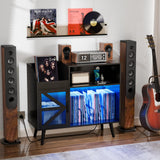 MULEJYBO Large Black Record Player Stand with Magnetic Door,350 Vinyl Record Storage Cabinet, Record Player Table with Power Outlet & LED Light,Turntable Stand with Wood Legs for Living Room,Office MULEJYBO