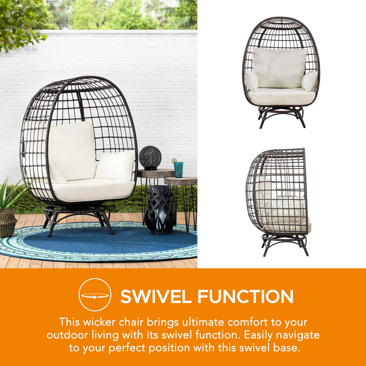 Sunjoy Cuddle Wicker Swivel Lounge, Oversized Indoor Outdoor Egg Chair with 4 Cushions for Patio, Backyard, Living Room, Brown Sunjoy
