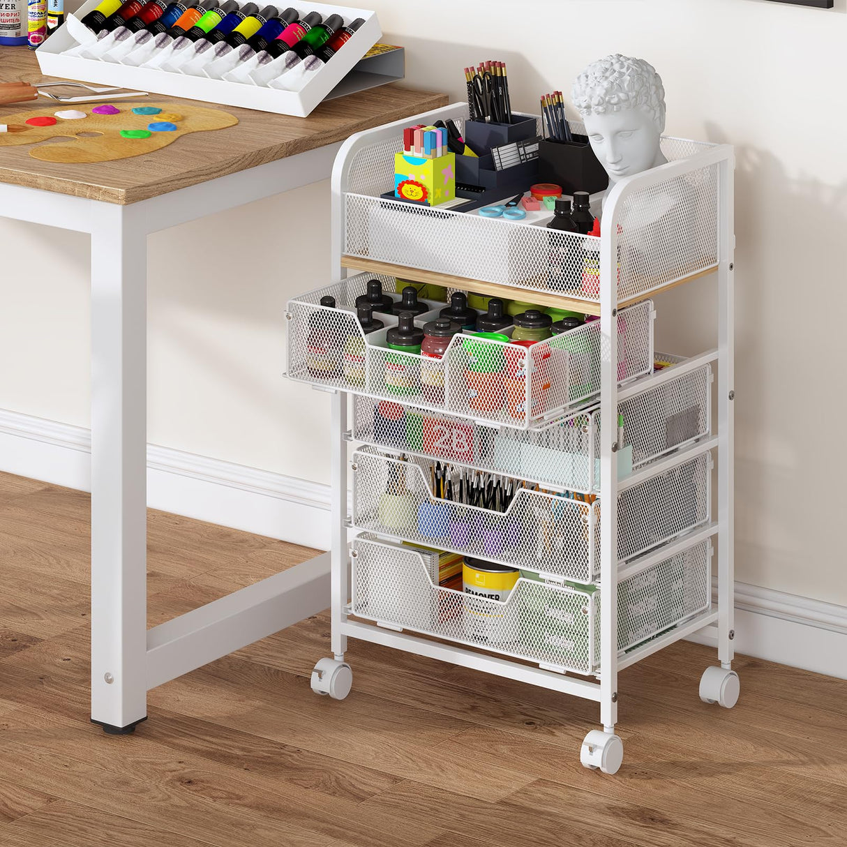 5-Tier Craft Organizer Cart with Wheels,Craft Organizers and Storage with Drawers,Lockable Wheels Rolling Utility Cart with DIY Divider,Office Supply Organizer,Ideal for Studio,Office,Bedroom,White Yociyoga