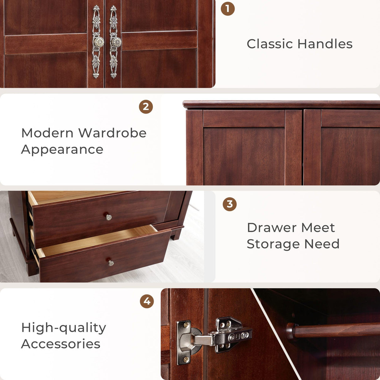 Tafeumob Solid Wood Armoire Wardrobe: 3 Doors Solid Wood Bedroom Armoires with Hangingrod Clothes Organizer Cabinet Storage with 2 Drawers Brown Finish 46.3" L x 19.69" W x 70.87" H Tafeumob