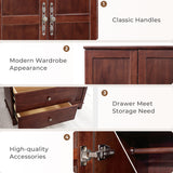 Tafeumob Solid Wood Armoire Wardrobe: 3 Doors Solid Wood Bedroom Armoires with Hangingrod Clothes Organizer Cabinet Storage with 2 Drawers Brown Finish 46.3" L x 19.69" W x 70.87" H Tafeumob