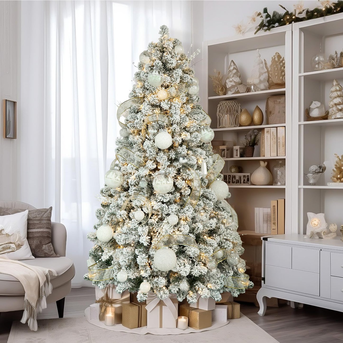 SHareconn 7.5ft Prelit Snow Flocked Artificial Holiday Christmas Tree with 350 Warm White Lights, Foldable Stand, Full Snow Branch Tips for Home, Office, Party Decoration, 7.5 FT, White