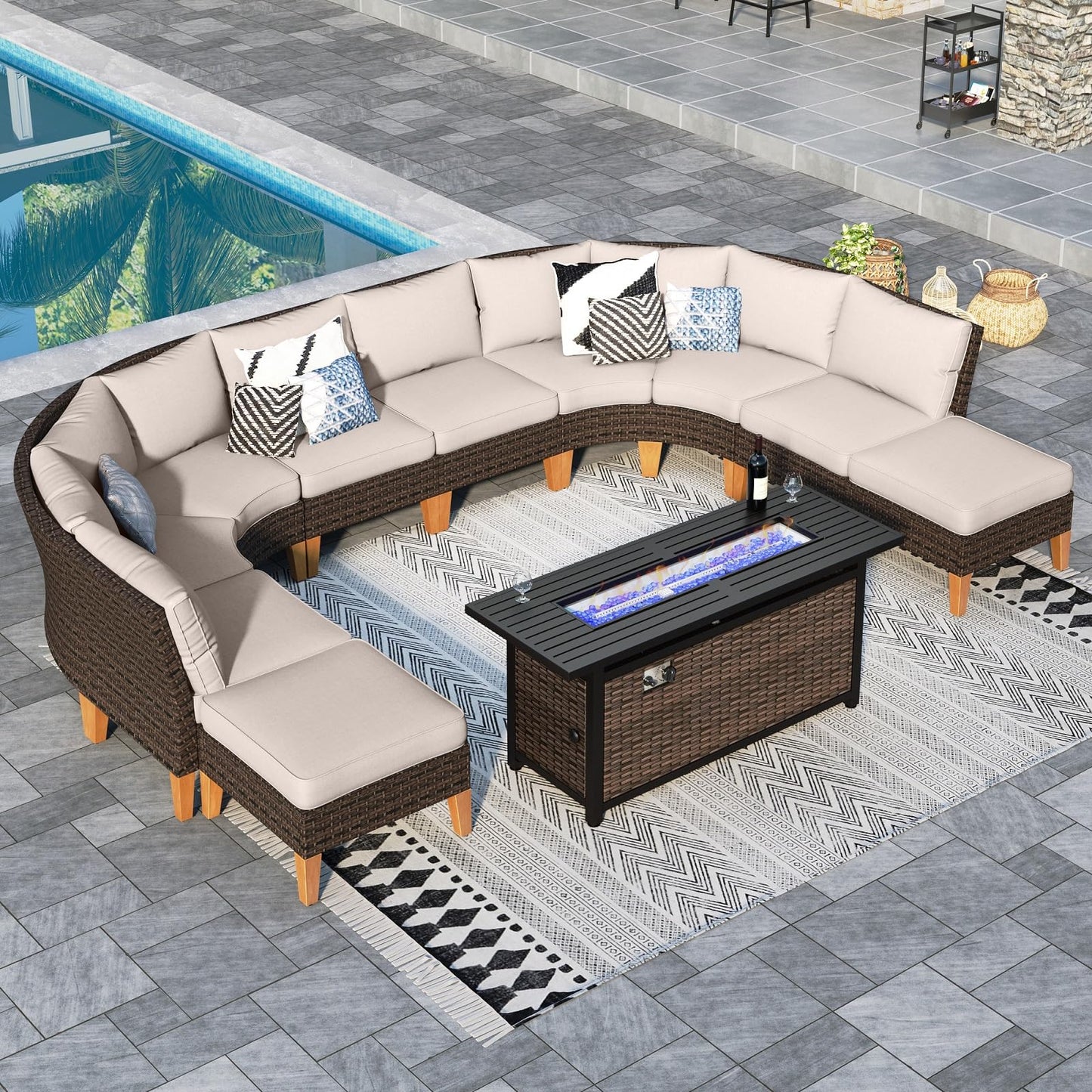 Sophia & William Patio Furniture Set with Fire Pit Table, 11 Piece Half Moon Outdoor Wicker Sectional Sofa Set, Rattan Conversation Set with 56-Inch Fire Pit Table & Ottoman (Beige) - WoodArtSupply