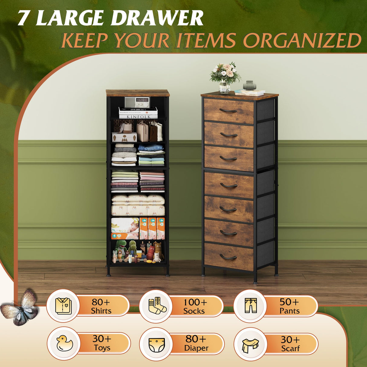 WLIVE Tall Dresser for Bedroom, 7 Drawer Dressers & Chests of Drawers, Fabric Dresser for Closet, Night Stand with Metal Frame, Storage Tower with Fabric Bins, Wood Top, Rustic Brown Wood Grain Print WLIVE