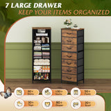 WLIVE Tall Dresser for Bedroom, 7 Drawer Dressers & Chests of Drawers, Fabric Dresser for Closet, Night Stand with Metal Frame, Storage Tower with Fabric Bins, Wood Top, Rustic Brown Wood Grain Print WLIVE