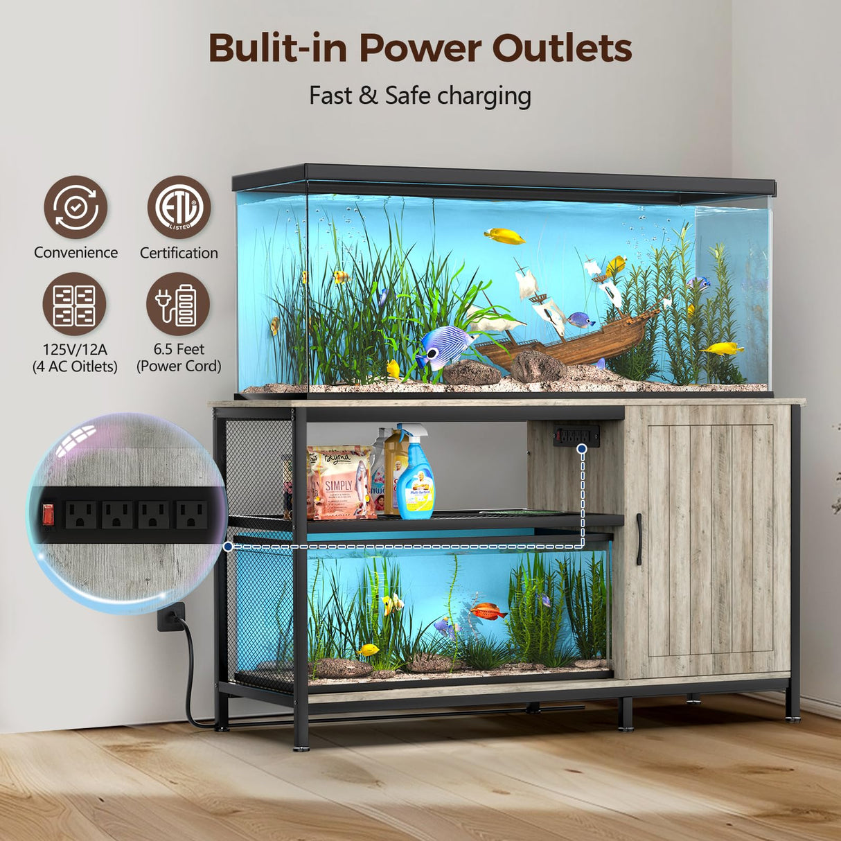 Tatub 55-90 Gallon Fish Tank Stand Large Aquarium Stand with Accessories Storage Cabinet, Heavy Duty Metal Fish Tank Cabinet Suitable for Turtle Tank, Reptile Terrarium, 1000LBS Capacity, Wood Tatub