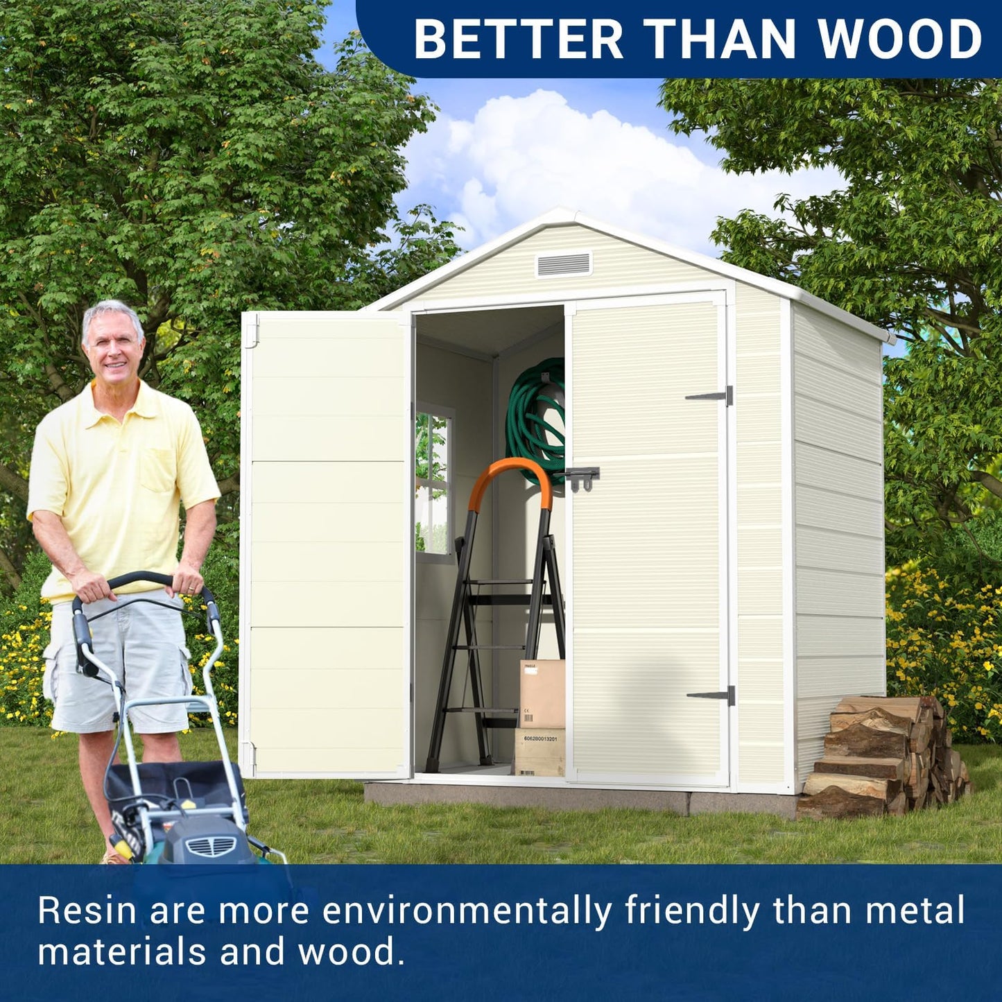 VONZOY Outdoor Storage Shed, 6x4.5 FT Resin Shed with Floor and Lockable Door, Window & Vents, Waterproof Tool Sheds & Outdoor Storage for Bike, Garbage Cans,Garden Accessories, Sandstone - WoodArtSupply