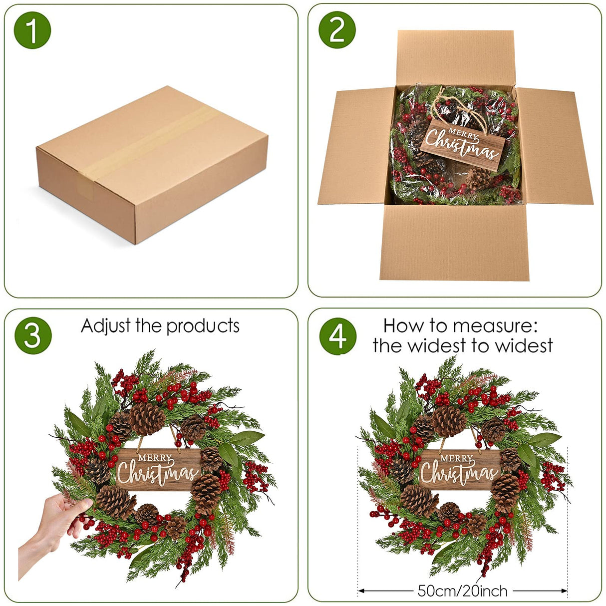 20 Inch Christmas Wreath with Pinecone Berries Christmas Decorations Front Door Wreath for Outdoor Indoor Party Wall Table Home Decor Brown Sign PGANDS