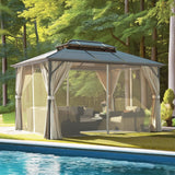VINGLI 10’ x 13’ Outdoor Hardtop Gazebo Polycarbonate Double Roof Canopy Aluminum Frame Pavilion with Curtains and Netting Patio Gazebo Pergola VINGLI