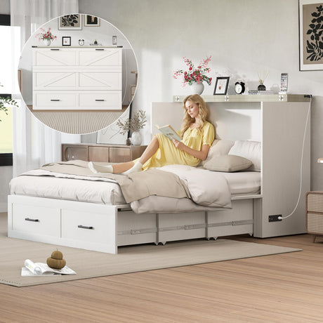 howcool Queen Murphy Bed Cabinet with Charging Station and Large Storage Drawer, Solid Pine Wood Platform Bed Frame, Foldable Cabinet Bed for Home Office, Space Saving Design, Rustic White howcool