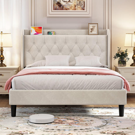 koorlian Queen Bed Frame with Headboard, Adjustable Velvet Upholstered Bed Frame with Type-C&USB Ports, Wingback Storage Headboard, Solid Wood Slats Support, No Box Spring Needed, Noiseless, Beige koorlian