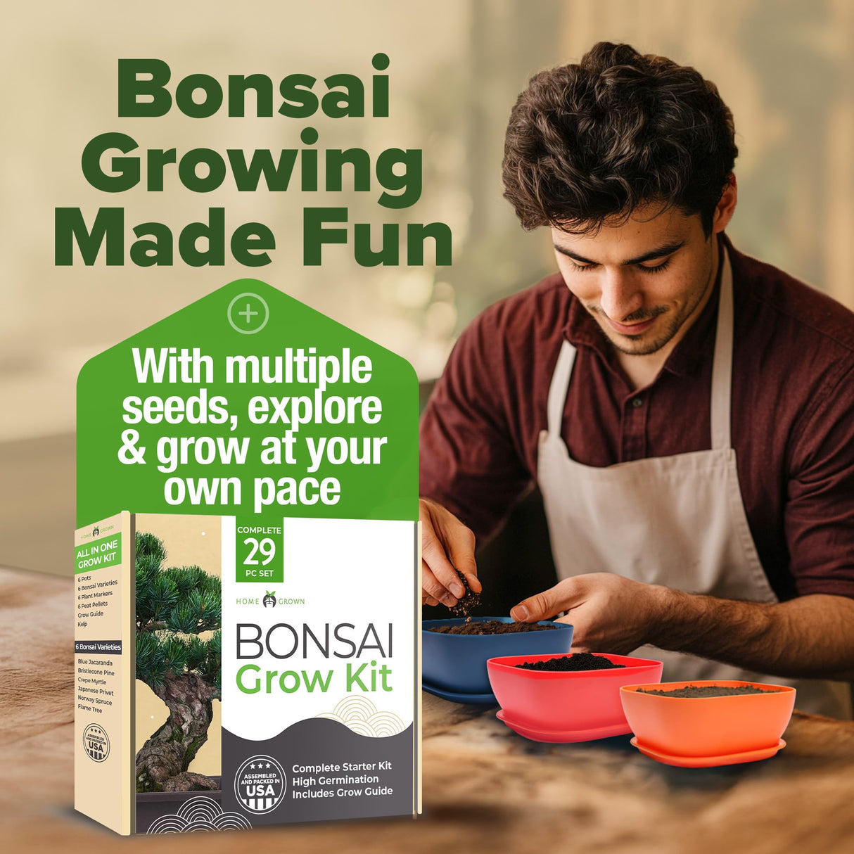 HOME GROWN Bonsai Tree Kit – 6 Heirloom Varieties with Unique Pots – DIY Bonsai Starter Kit for Adults & Beginners – Christmas Gift for Men Women Gardeners Plant Lovers – Indoor Growing Kit HOME GROWN