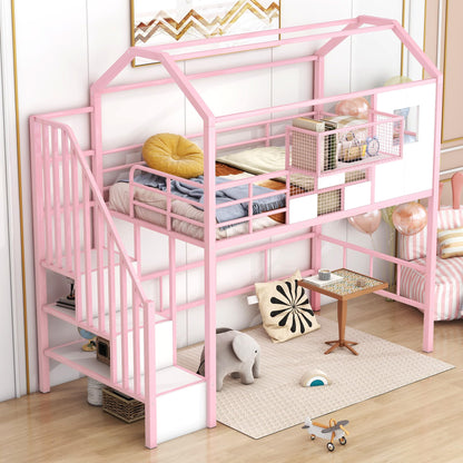 SOFTSEA Loft Bed Twin Size with Stairs & a Storage Box, House Shaped Stairway Metal Loft Bed with Guardrail & Roof Design, Pink