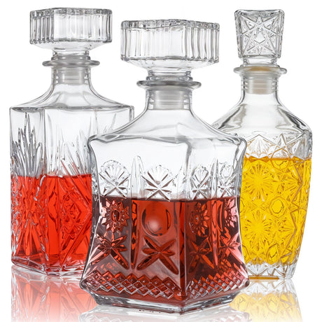 Set of 3 Glass Alcohol Bottle Liquor Decanters Whiskey Decanter for Tequila, Brandy and Vodka Unique Liquor Bar and Party Decorations (28oz*2, 31oz*1) mekueeex