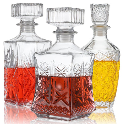 Set of 3 Glass Alcohol Bottle Liquor Decanters Whiskey Decanter for Tequila, Brandy and Vodka Unique Liquor Bar and Party Decorations (28oz*2, 31oz*1)