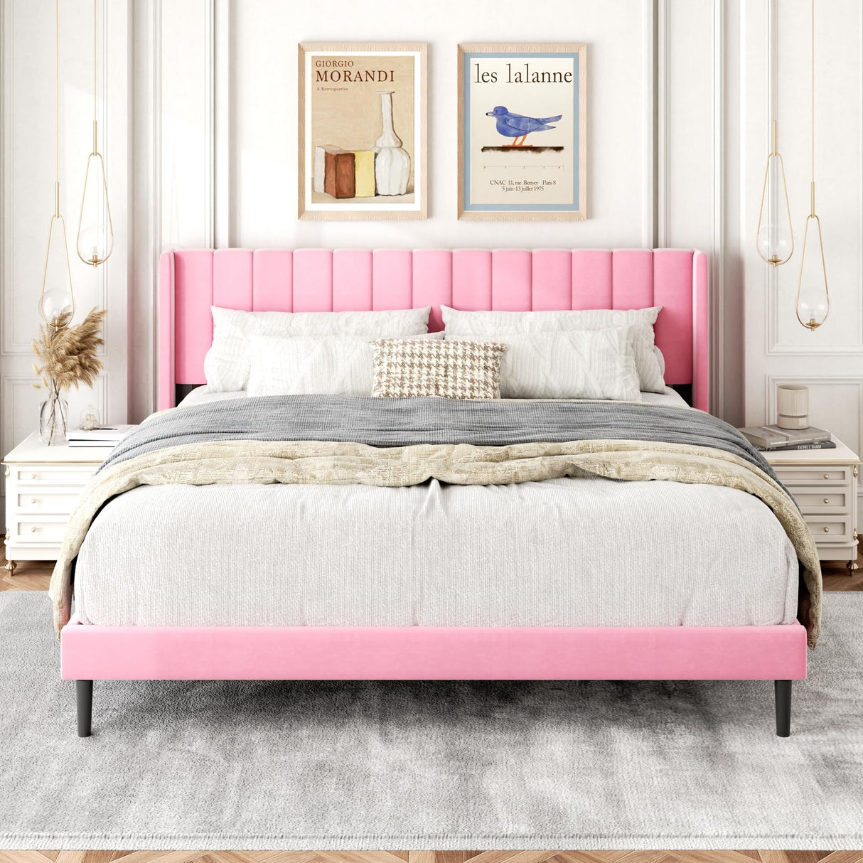 Gruwans Upholstered Bed Frame King with Wingback Headboard/No Box Spring Needed/Wooden Slat Support/Easy Assemble/Pink Gruwans