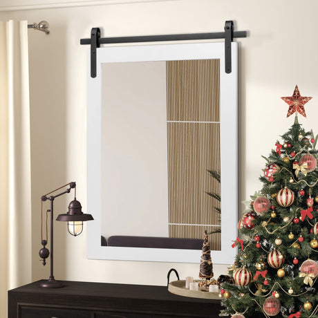 Farmhouse Bathroom Mirror, White Rustic Square Mirror for Wall Wood Framed Vanity Mirrors, Barn Door Style Decor Living Room Entryway Bedroom Mirrors, 24x36INCH (Hanging/Leaning) PAIHOME