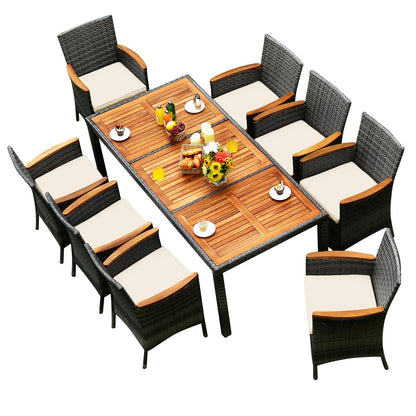 COSTWAY 9PCS Patio Rattan Dining Set Acacia Wood Table Cushioned Chair Mix Gray