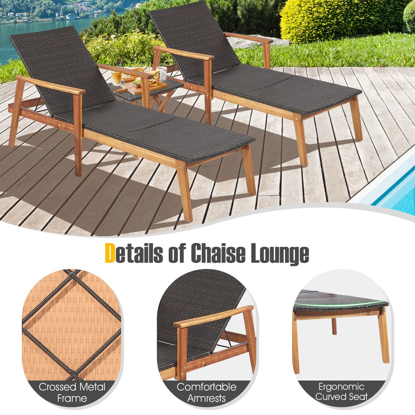 Tangkula 3 Piece Patio Chaise Lounge & Table Set, Outdoor Rattan Lounge Chair w/Folding Side Table, 4-Level Adjustable Backrest, Solid Acacia Wood Frame, Recliner & Table Set for Backyard (Mix Brown)