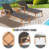 Tangkula 3 Piece Patio Chaise Lounge & Table Set, Outdoor Rattan Lounge Chair w/Folding Side Table, 4-Level Adjustable Backrest, Solid Acacia Wood Frame, Recliner & Table Set for Backyard (Mix Brown) Tangkula
