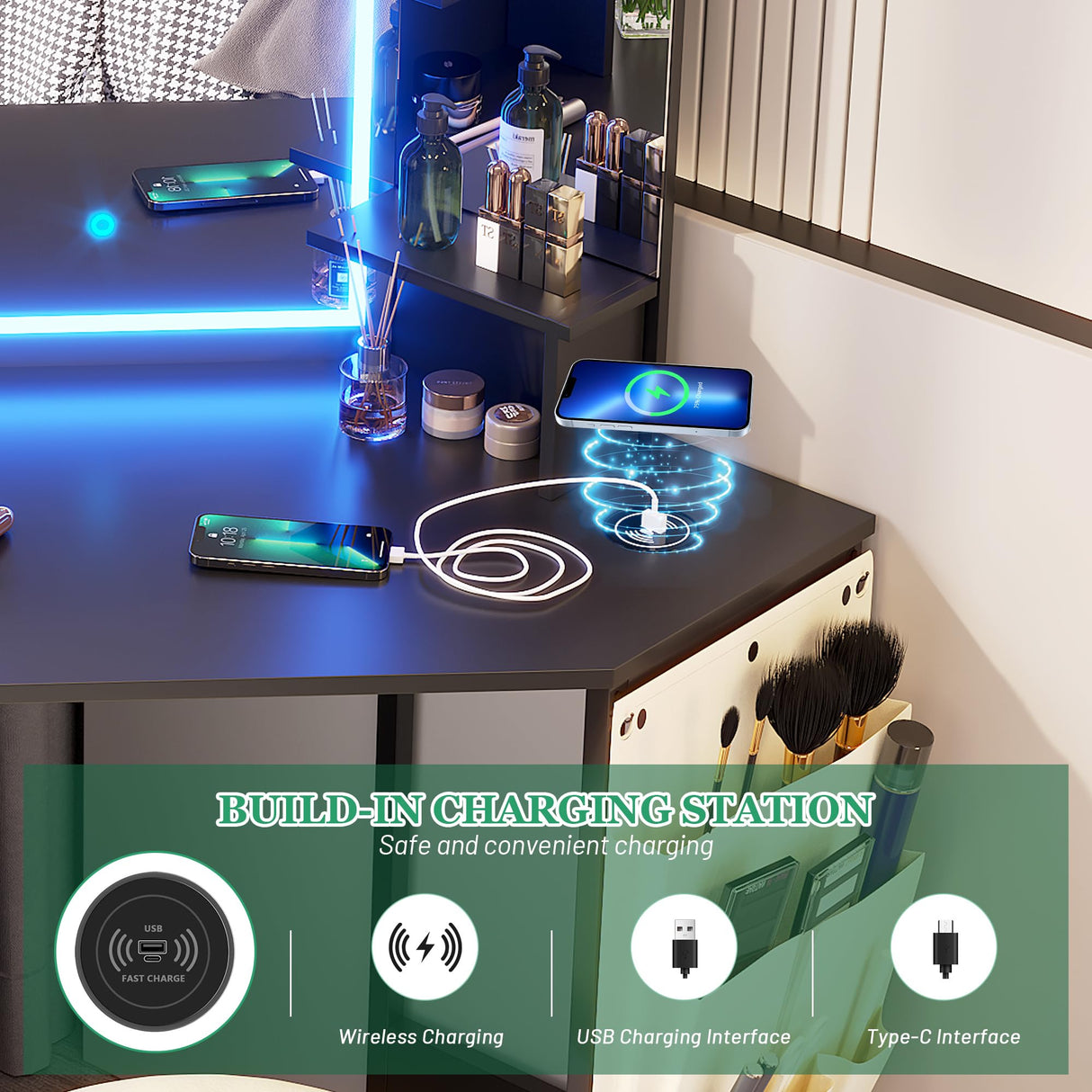 LVSOMT Corner Vanity Desk with Mirror and Lights, Makeup Vanity with Charging Station, Dressing Table with 3 Lighting Options, Vanity Set with Stool, Women’s Vanity for Bedroom, Black LVSOMT