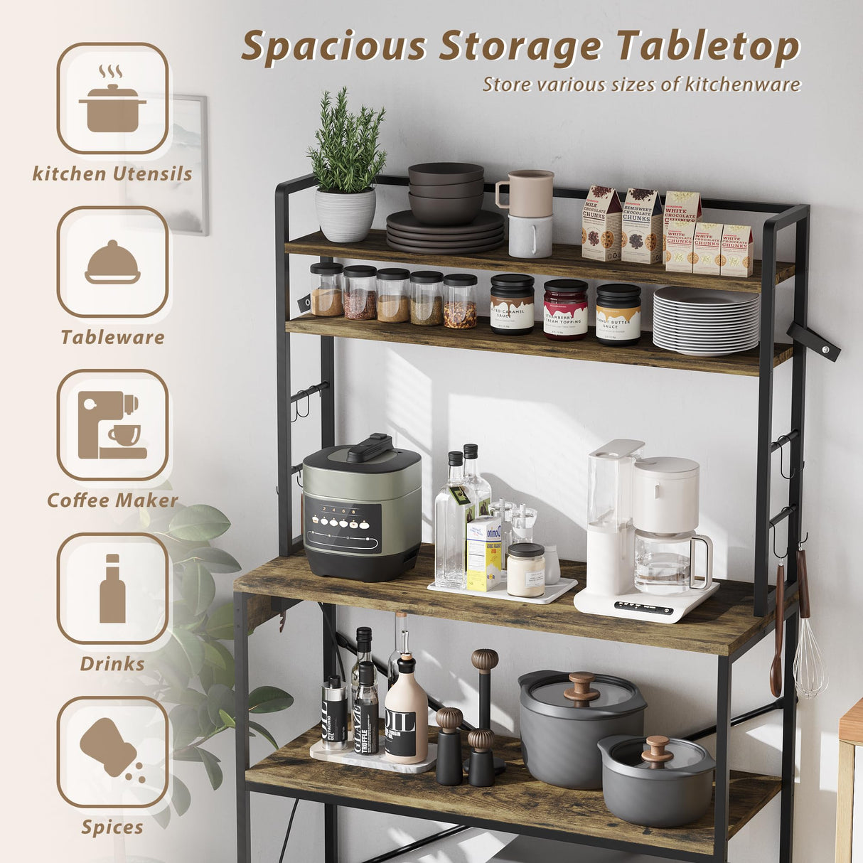 YESHOMY Kitchen Baker’s Rack with Power Outlet, 5-Tier Microwave Stand, Coffee Bar with 8 S-Shaped Hooks, Heavy Duty Storage Shelf Unit for Spices, Pots, Brown YESHOMY