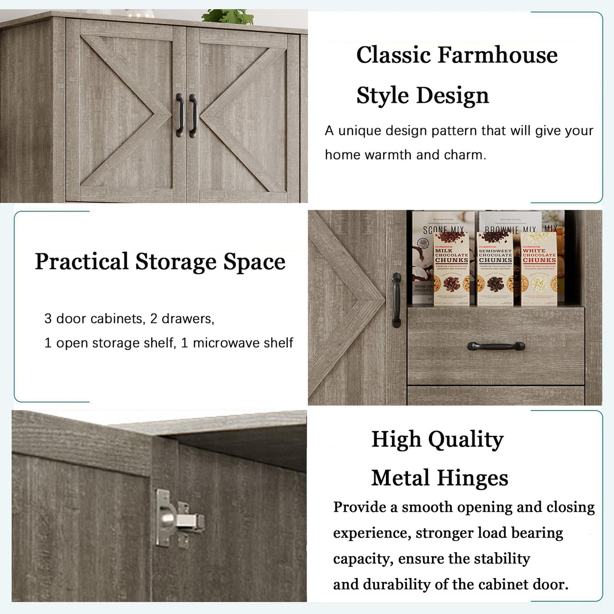 GarveeHome Modern Kitchen Pantry Cabinet with Microwave Stand, Tall Hutch Bar Cabinet with Drawers & Adjustable Shelves, Large Wood Storage for Dining Room, Living Room, Rustic Grey GarveeHome