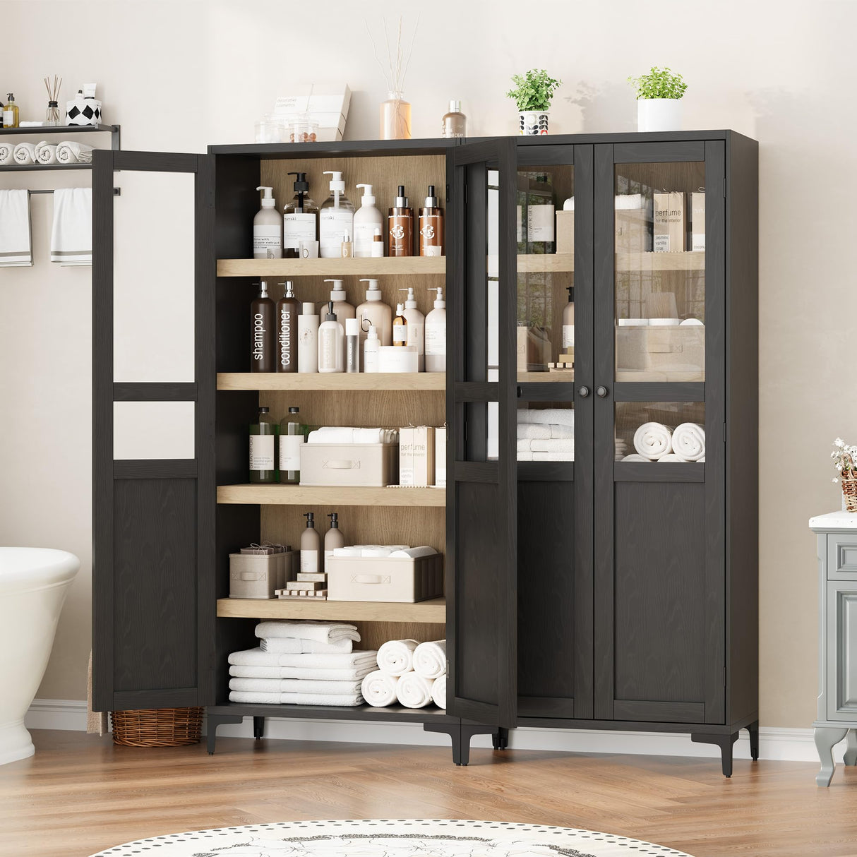 Garveehome Tall Storage Cabinet with Glass Doors, Kitchen Pantry 5 Tier Bathroom Cabinet with 2 Doors Adjustable Shelves for Kitchen, Dining Room, Bathroom (Black, 2 Door with Glass) Garveehome