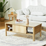 affeivul Rectangle Fluted Coffee Table with Storage and Sliding Drawers, Light Wood Coffee Table, Mid Century Modern Coffee Table Boho Style, Low for Living Room/Bedroom/Office (Natural) affeivul
