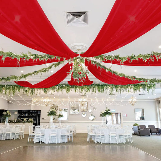 ROMANKAS Red Ceiling Drapes for Weddings 5x10 FT 6 Panels Chiffon Fabric Drapery for Ceremony Swag Decorations Sheer Ceiling Draping Wedding Arch Drape Fabric for Stage Reception Tent Ceiling Drapes