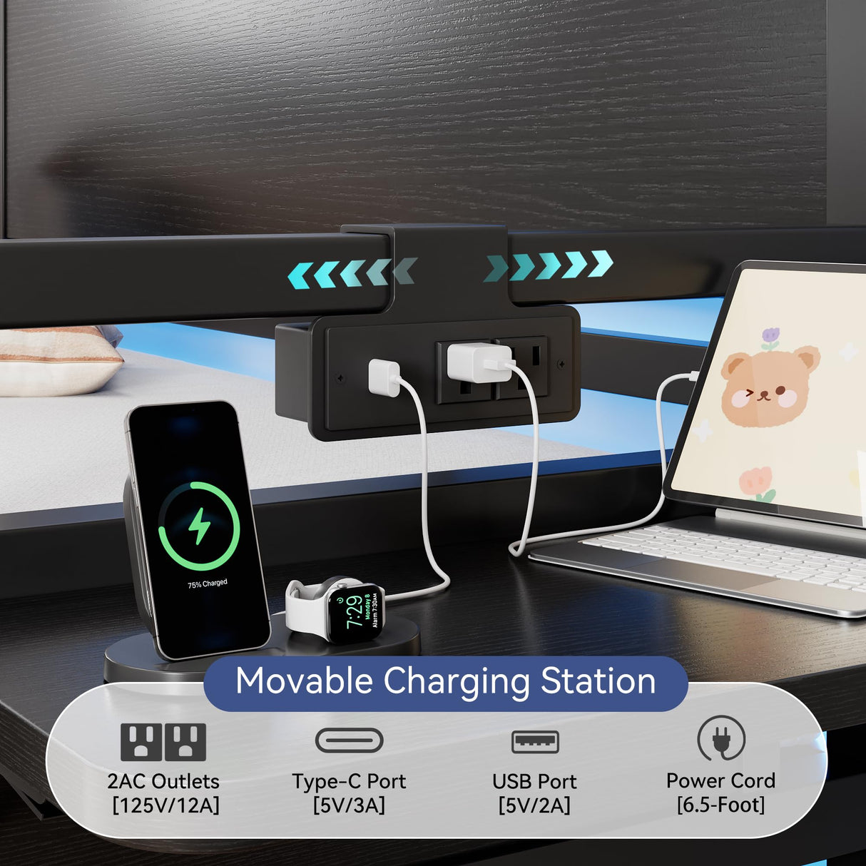 Jocoevol Daybed with Trundle and LED Light, Heavy Duty Metal Twin Bed Frame with Movable Charging Station, Day Bed Pop Up Trundle Bed Twin for Living Room, Bedroom and Guest Room, Black Jocoevol