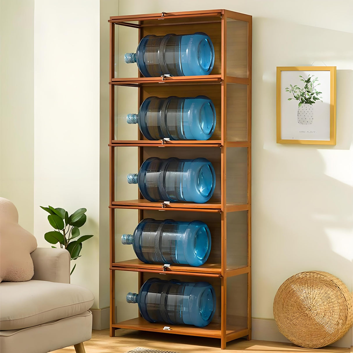 idhhco 5-Tier Display Cabinet with Acrylic Doors, 67” Transparent Bamboo Curio Display Case for Figures, Display Shelves for Collectibles & Kids Bookcase for Home, Office, Playroom, Living Room idhhco