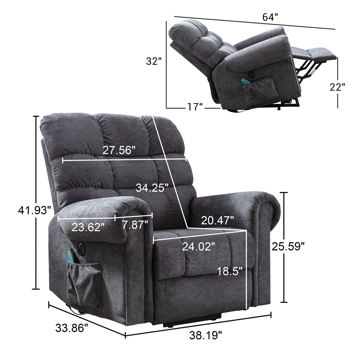 ANJ Large Power Lift Recliner Chair with Massage and Heat for Elderly Big People, Electric Wide Recliners, Heavy Duty and Safety Motion Fabric Reclining Mechanism with USB Ports, Side Pocket, Grey ANJ