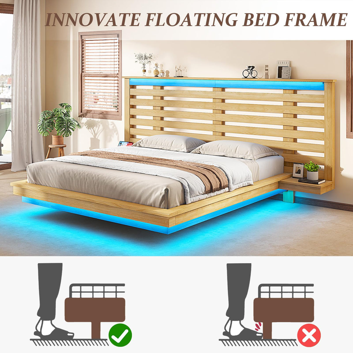 LUXOAK Maple Yellow Farmhouse Full Floating Bed Frame with LED Lighting & Charging Station LUXOAK