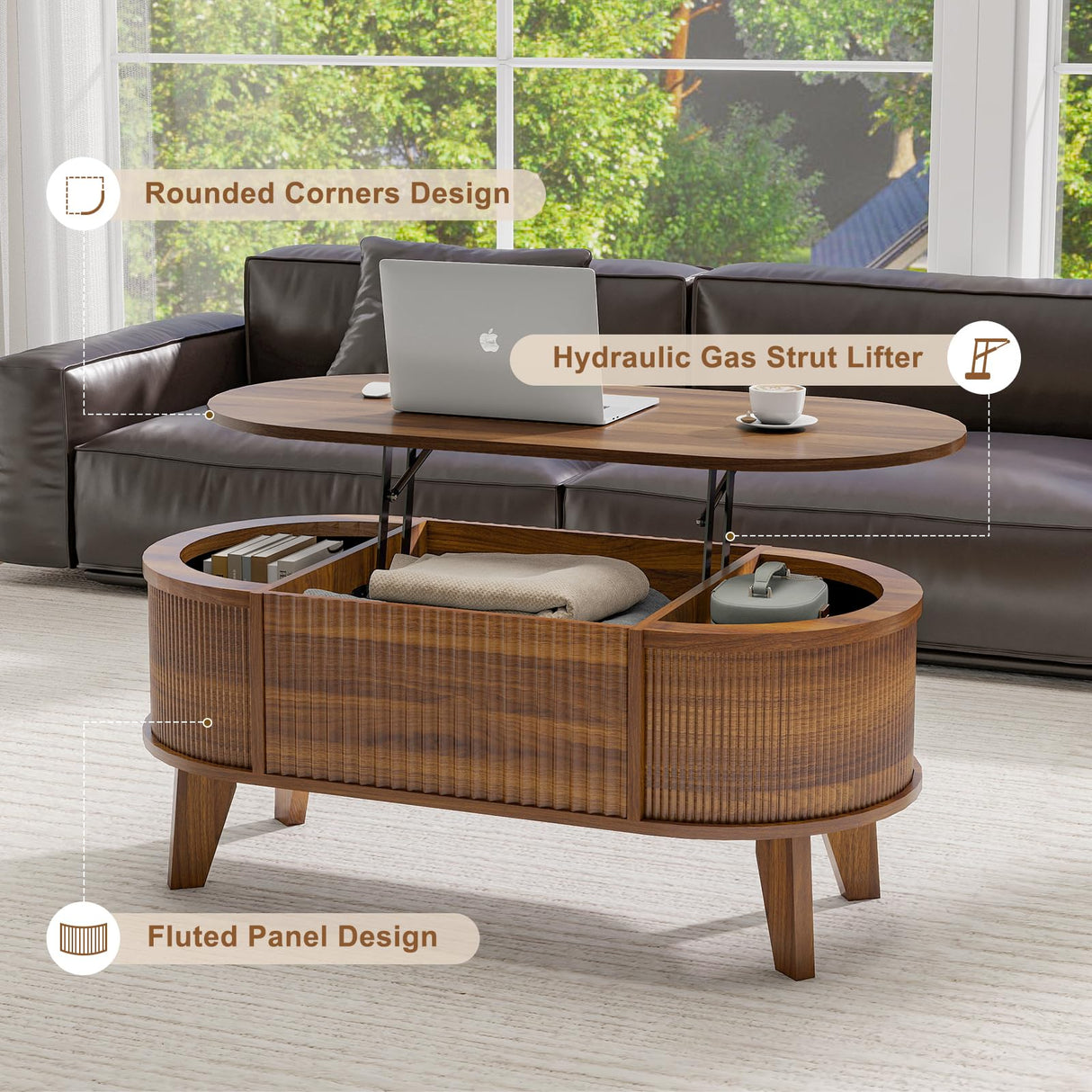 LYNCOHOME Fluted Lift Top Coffee Table with Storage,Modern Oval Coffee Table for Living Room or Home Office（Walnut） LYNCOHOME