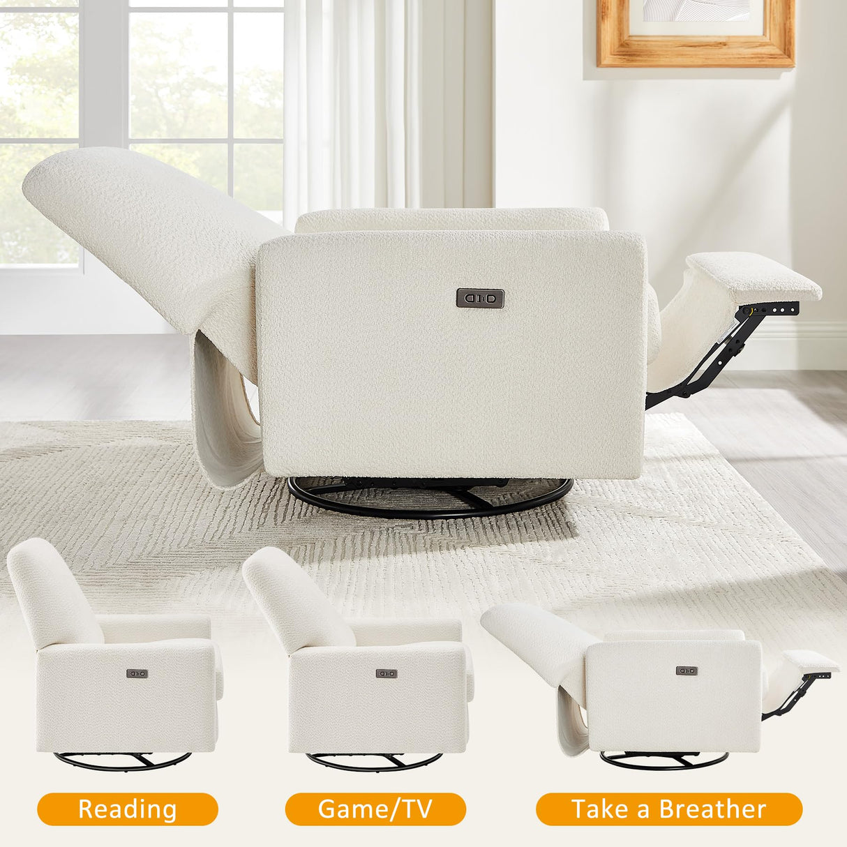VANOMi Power Swivel Glider Recliner Chair, Electric Nursery Rocker Recliner Chair, USB & Type-C Charger, Boucle White VANOMi