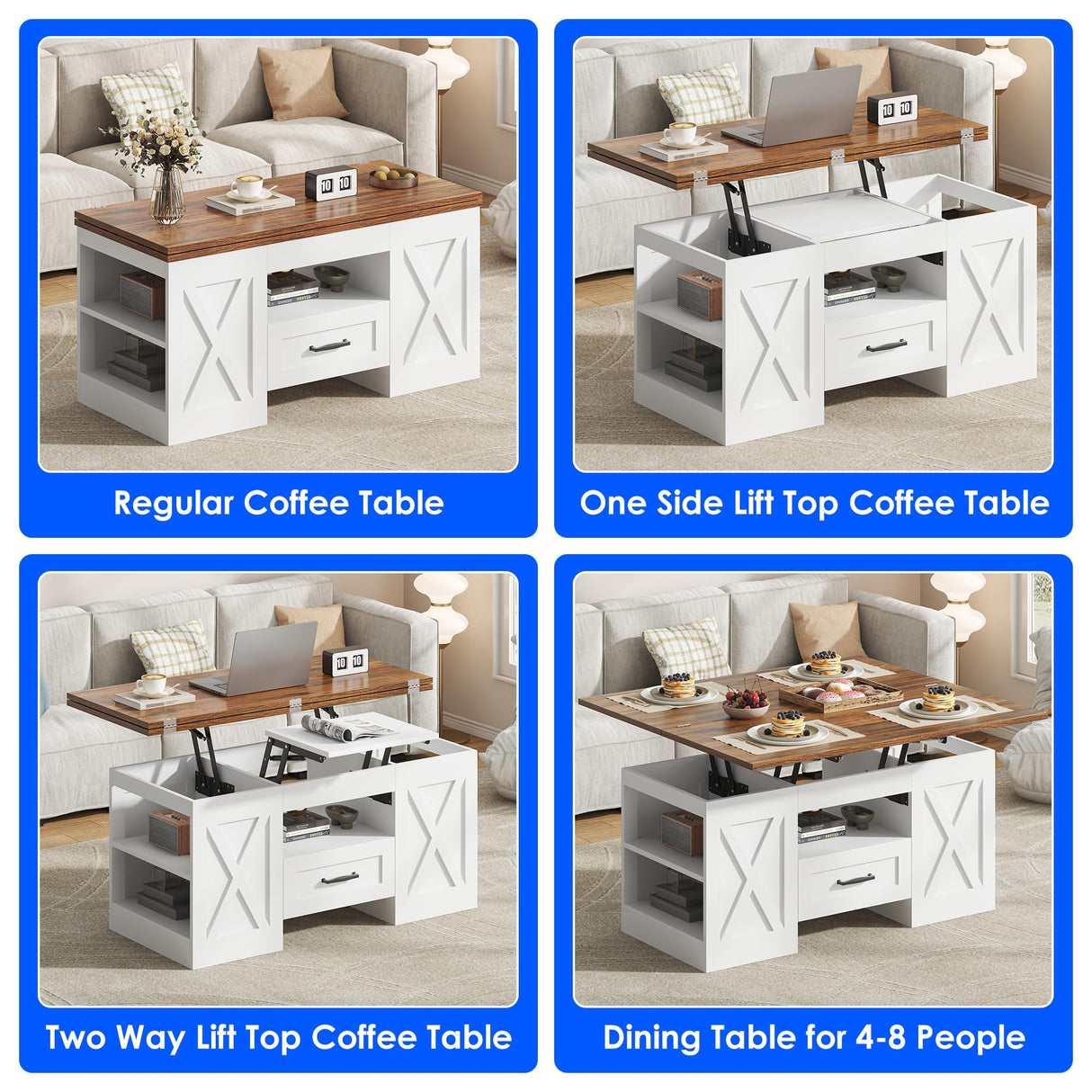 kepptory 39.4'' Lift Top Coffee Table with Storage, 4 in 1 Multi-Function Convertible Coffee Tables for Living Room, Farmhouse Coffee Table with Open Storage Compartment & Drawers (Brown&White) kepptory