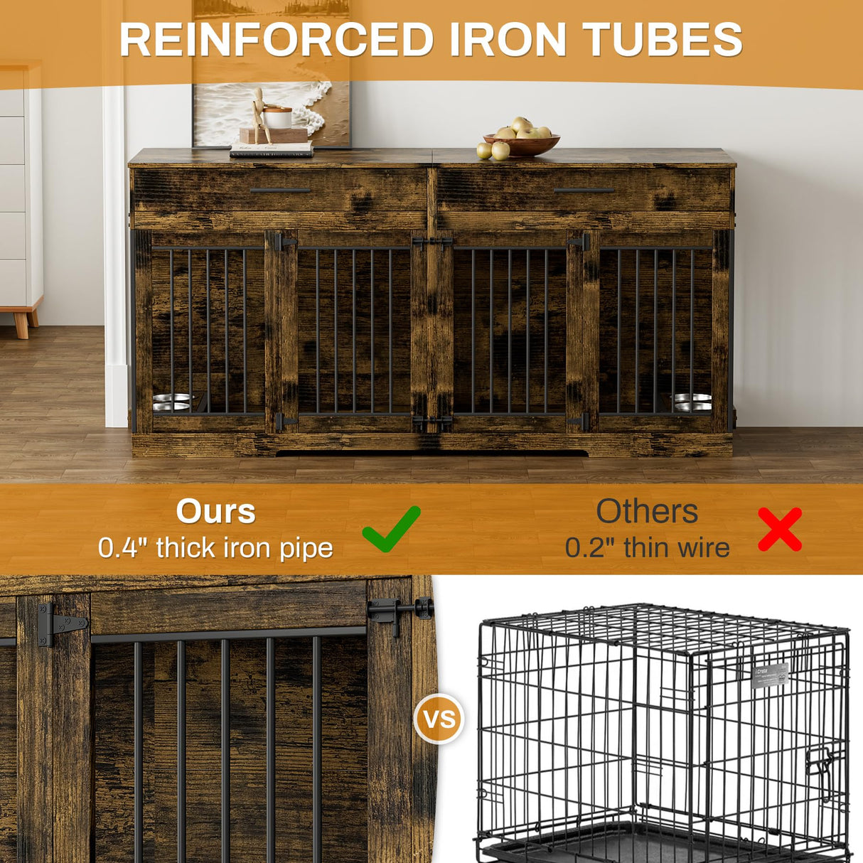 OUYESSIR Dog Crate Furniture, 72.05 Inch Wooden Large Dog Kennel with 2 Drawers & Dog Bowls, Dog House with Double Doorss & Divider, Heavy Duty Indoor Dog Cage for Large Medium Dogs, Rustic Brown OUYESSIR