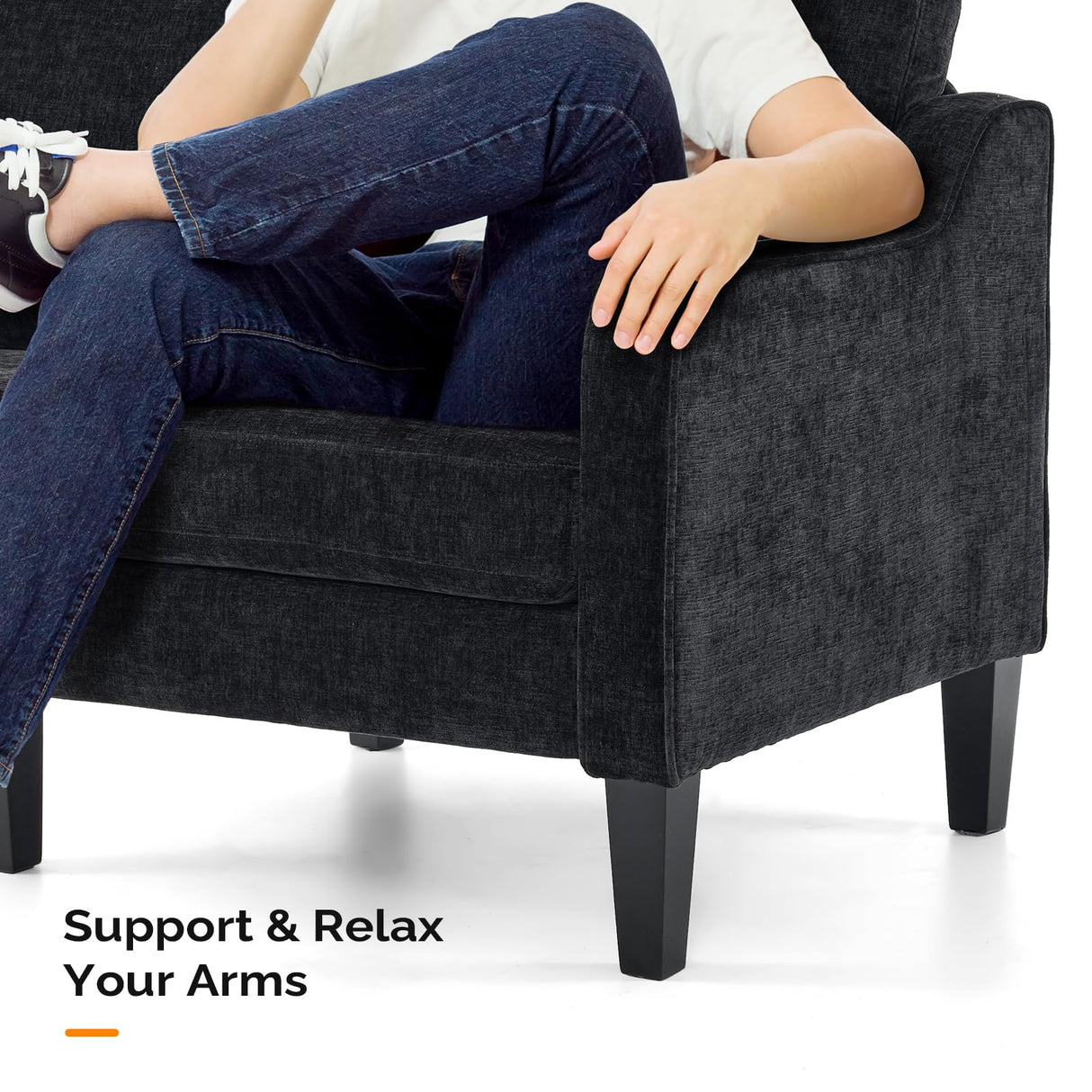 VINGLI Mid-Century Modern Loveseat Sofa Couch, Living Room 53" Love Seat 2 Seater Upholstered Comfy Couches with Scooped Armrest for Small Spaces, Dorm, Bedroom, Apartment, Office (Black) VINGLI